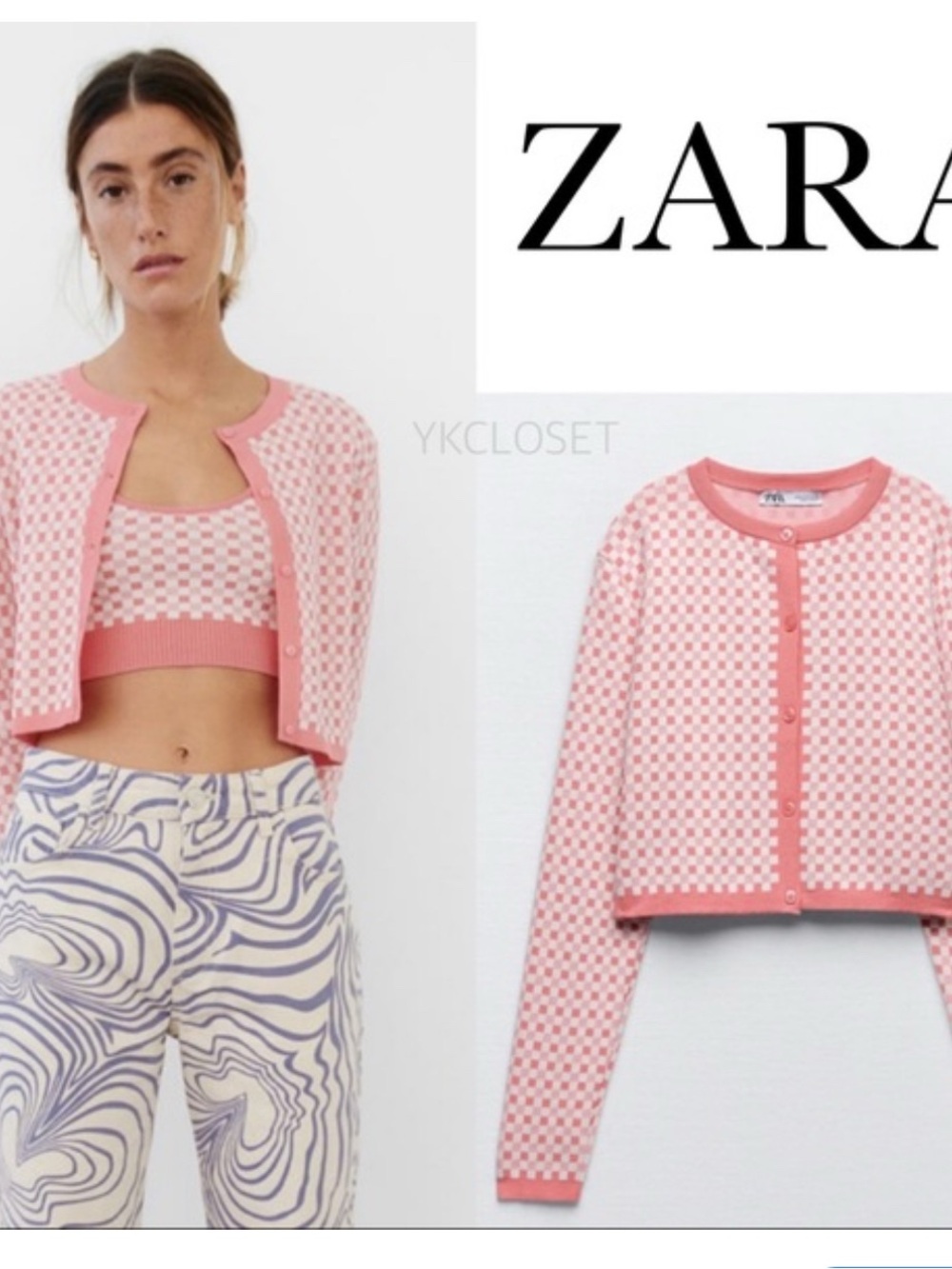 Zara Pink and Cream Checker Knit Cardigan & Crop